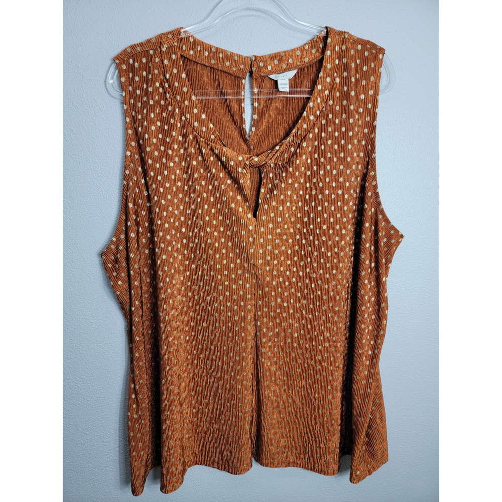 Cato Women 26/28 Tank Top Rust Polka Dot Pleated Plisse V-Neck Blouse - Picture 2 of 8